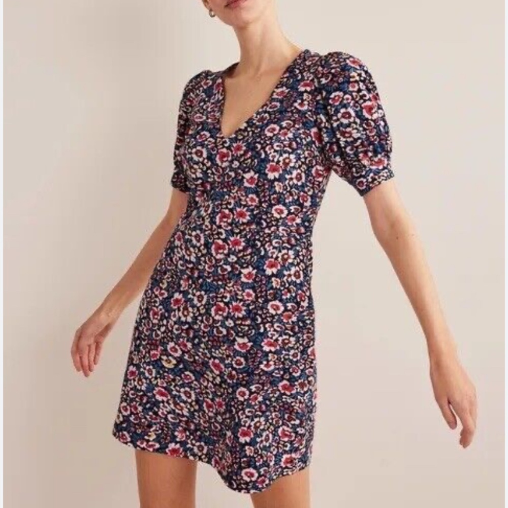 Boden Navy Floral Mini Dress with Pink and White Blooms